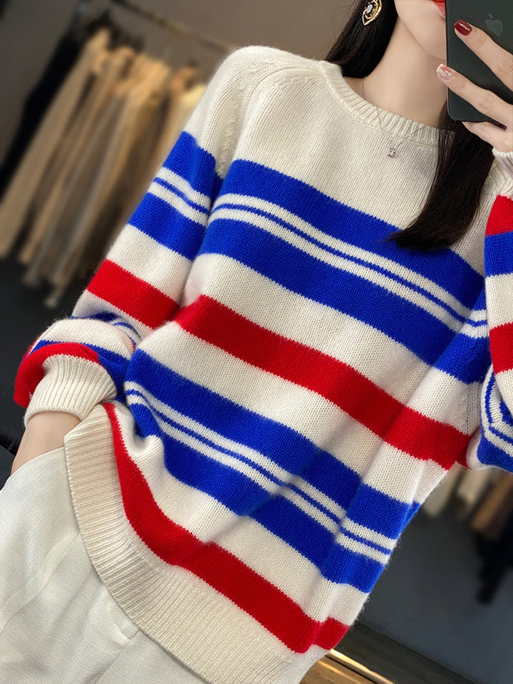 Damen Oversize-Streifenpullover aus weichem Wollmix mit maritimer Blockstreifen und Rundhals Echoarchiv