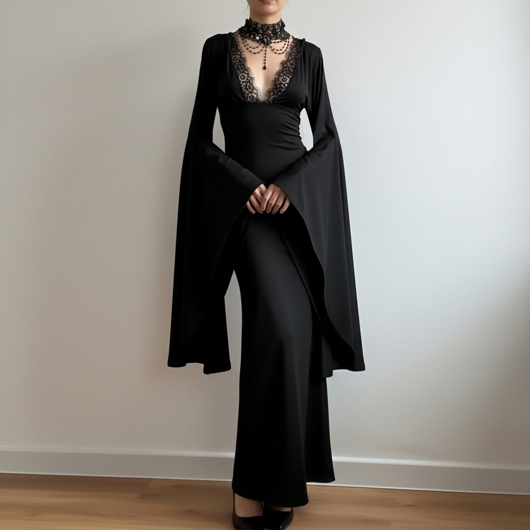 Damen Maxikleid mit tiefem V-Ausschnitt, Spitzenbesatz und dramatischen Wasserfallärmeln Echo Archiv