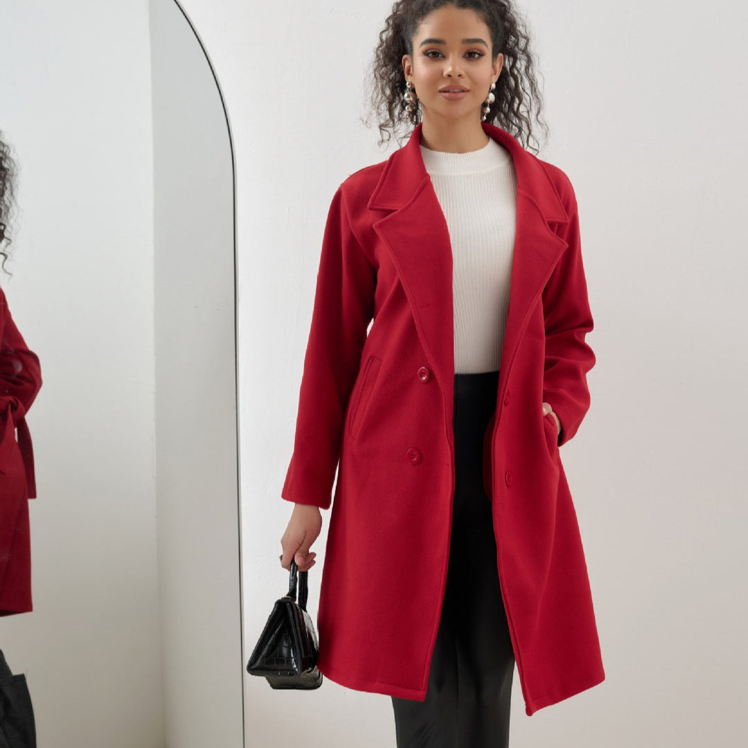 Damen Eleganter knielanger Zweireihiger Wollblend-Mantel mit Reverskragen – Montévia