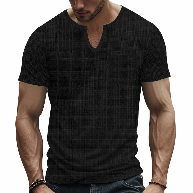 Herren nan Kurzarmshirt mit geschlitztem V-Ausschnitt strukturierter Leinenoptik und aufgesetzter Brusttasche Echo Archiv