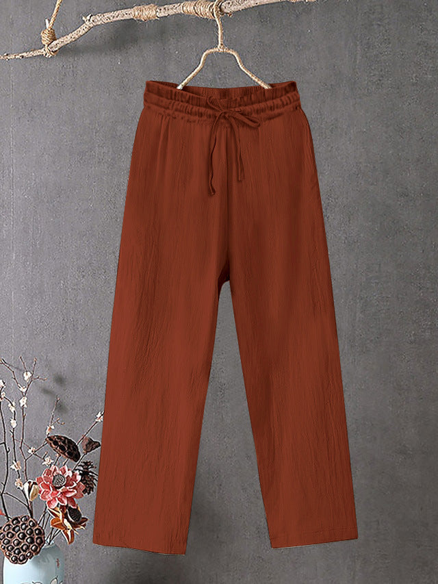 Damen Crinkle Leinenmischung Hose mit elastischem Kordelzug, gerade Beinform und lässiger Passform – Avélisse