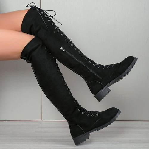Damen  Overknee-Schnürstiefel mit seitlichem Reißverschluss, dekorativer Schnürung und profiliertem Gummisohle Echo Archiv