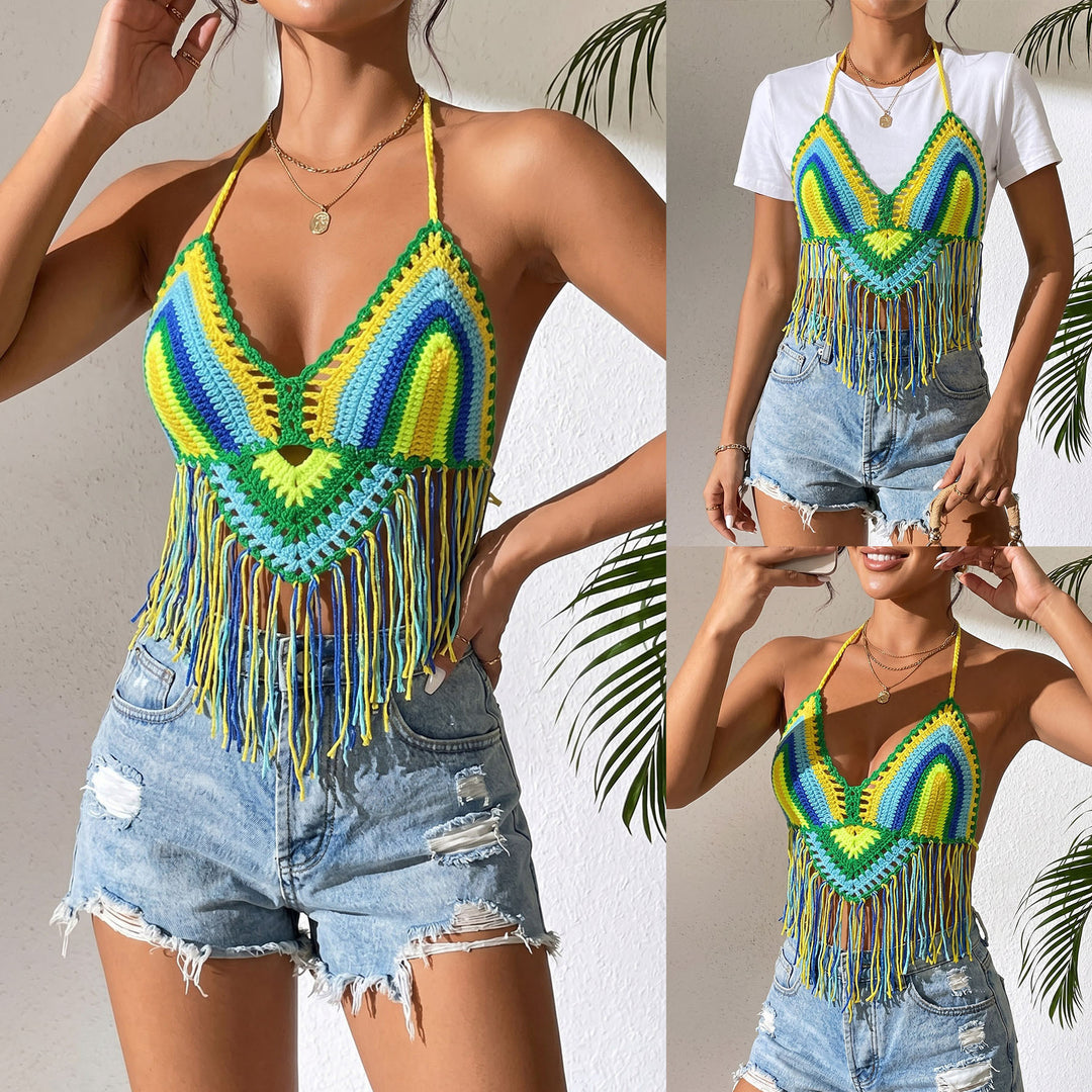 Damen gehäkeltes Crop-Top mit Fransen Echo Archiv