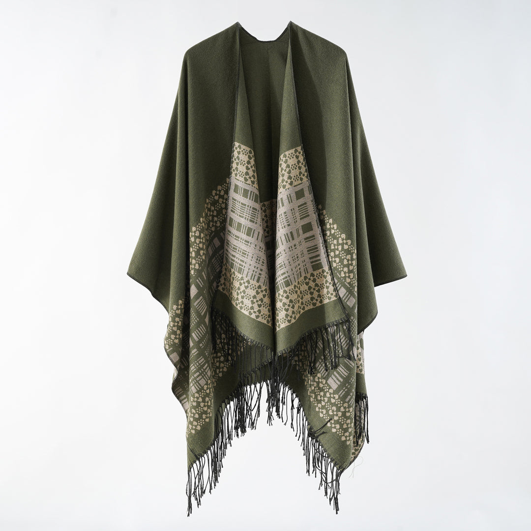 Damen Wollmix-Schulterponcho mit Jacquardmuster und Fransensaum Echo Archiv