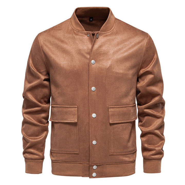 Herren nan Wildlederoptik-Collegejacke mit Druckknopfverschluss, Pattentaschen und geripptem Saum Echo Archiv