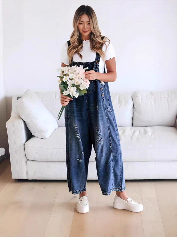 Damen nan lässige verwaschene Latzhose aus Jeansstoff mit Rissen und weitem Bein Echo Archiv