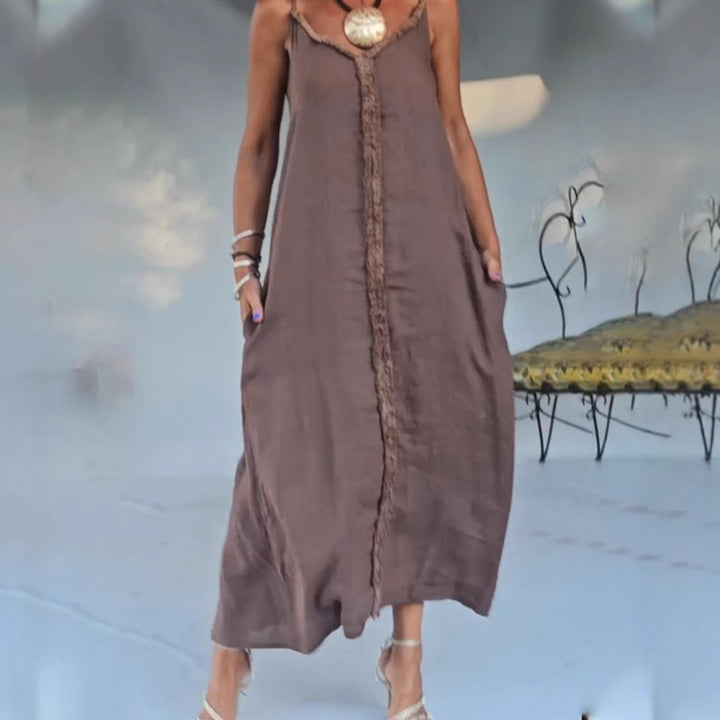 Damen nan luftiges Leinenoptik-Maxi-Trägerkleid mit fransiger Mittelnaht und Eingrifftaschen Echo Archiv
