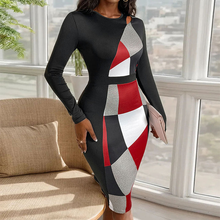 Damen Figurbetontes Midikleid mit grafischem Colorblock-Muster, Cut-Out-Schulter und taillierter Silhouette Echoarchiv