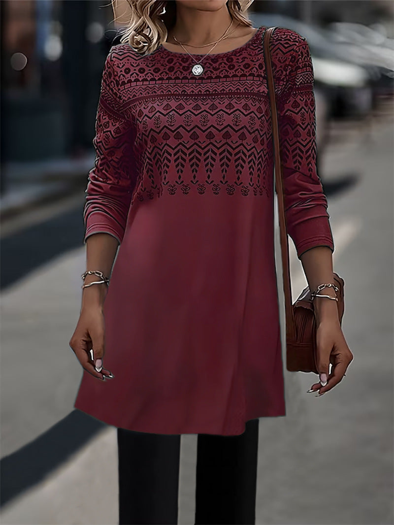 Frauen Longline Tunika Kleid mit Ethno Druck und Rundhalsausschnitt Echoarchiv