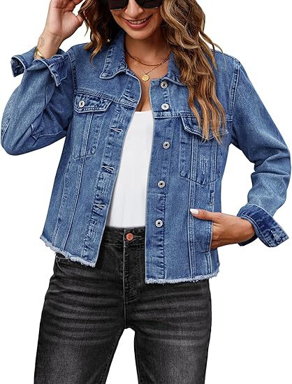 Damen Kurz geschnittene Jeansjacke mit Fransen-Saum und aufgesetzten Brusttaschen Echo Archiv