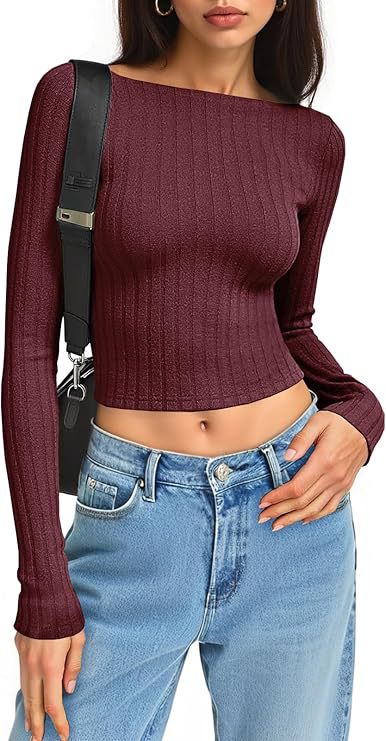 Damen Tailliertes Ripp-Cropped-Longsleeve mit U-Boot-Ausschnitt und Stretch-Baumwollmix Echo Archiv