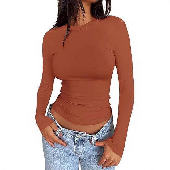 Damen Körpernahes Langarmshirt im Cropped-Look mit verlängerten Ärmeln und Daumenloch – Avérine