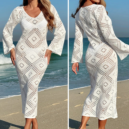 Damen Häkel-Strandkleid mit weit ausgestellten Ärmeln und geometrischem Muster Echo Archiv