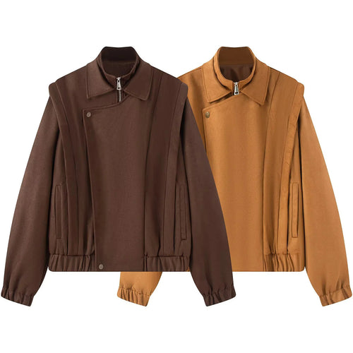 Damen asymmetrische Blousonjacke mit verdeckter Reißverschlussblende, Stehkragen und taillennahem Kordelzug – Célinea
