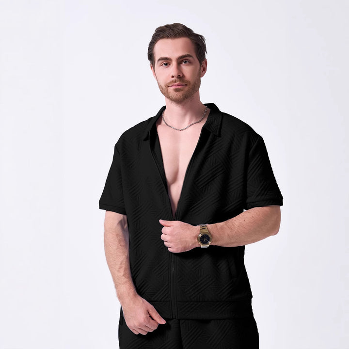Herren Kurzarm Hemd mit strukturiertem Design und praktischen Reißverschluss Echoarchiv