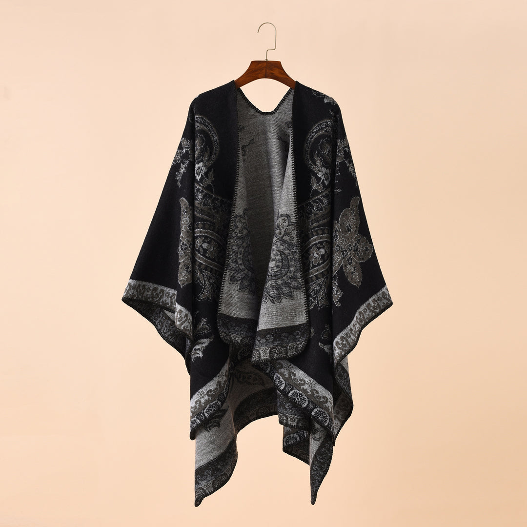 Damen Eleganter Jacquard-Poncho mit Paisley-Muster und offener Vorderseite – Avérine