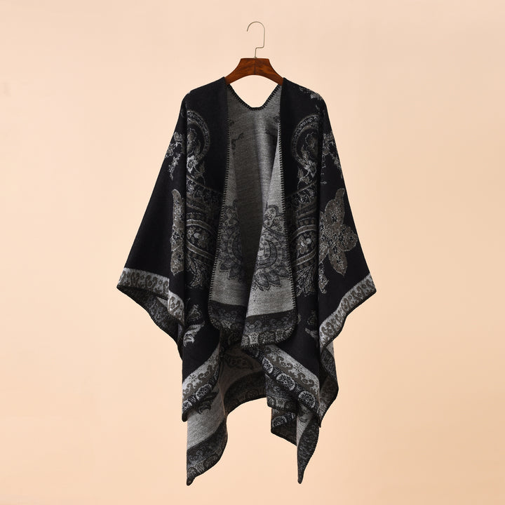 Damen Eleganter Jacquard-Poncho mit Paisley-Muster und offener Vorderseite – Avérine