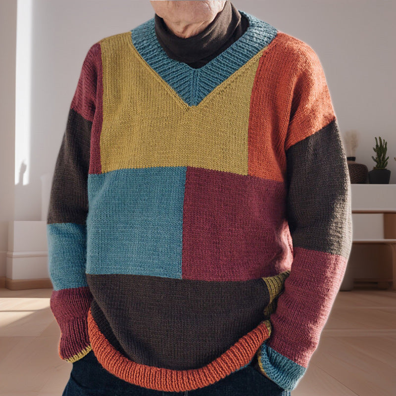 Herren gemusterter Pullover mit Farbblockdesign und modernem V-Ausschnitt Echoarchiv
