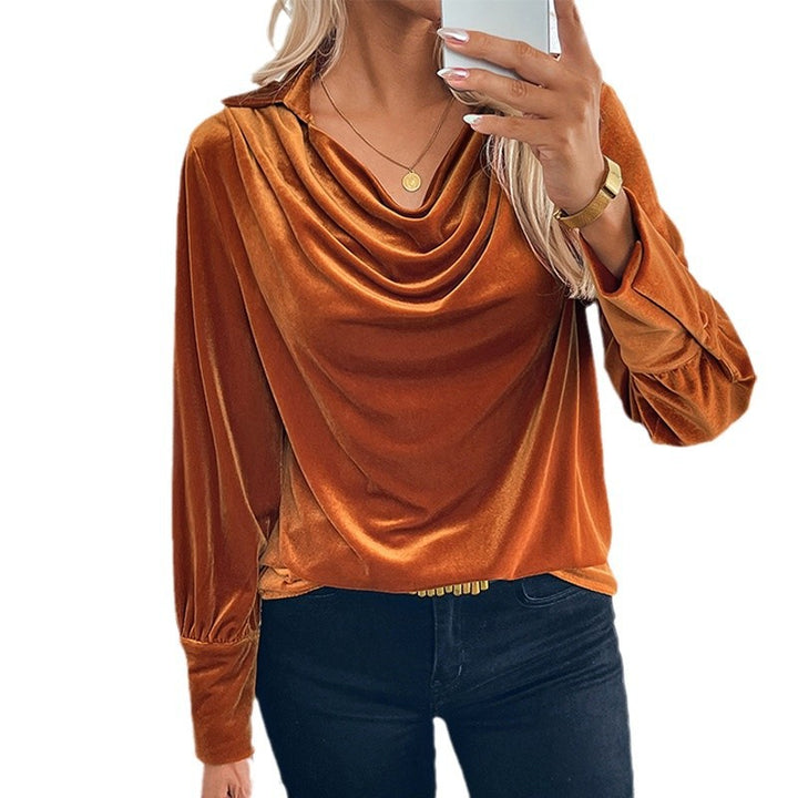 Damen Samtbluse mit Wasserfalldrapierung, Hemdkragen und Ballonärmeln Echoarchiv