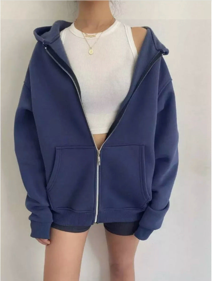 Damen nan minimalistisches French-Terry Zip-Hoodie mit durchgehendem Reißverschluss, Kängurutasche und Daumenloch-Ärmeln Echo Archiv