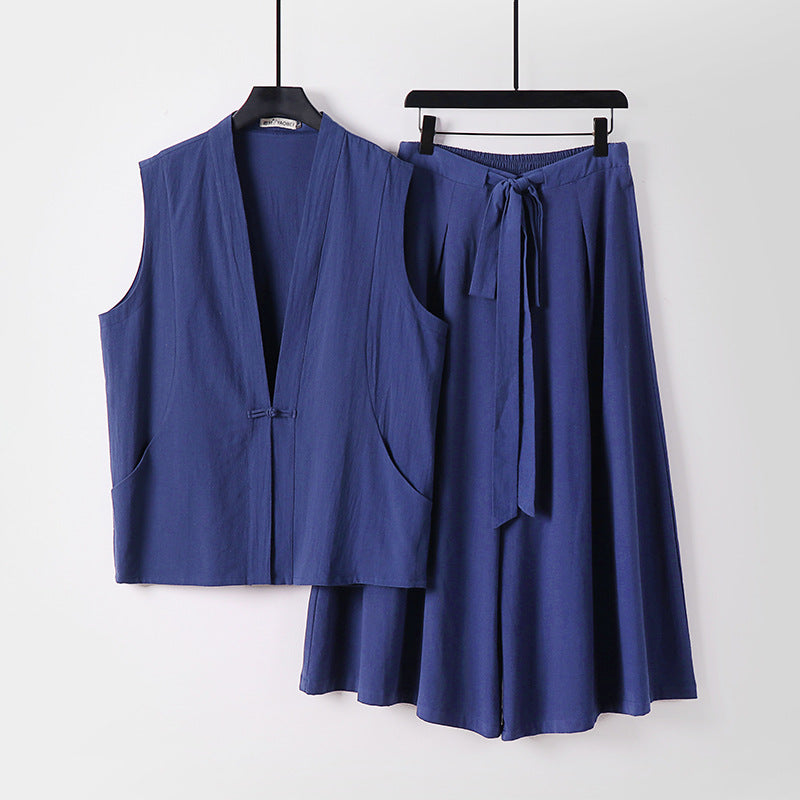 Damen Ärmelloses Kimono-Loungewear-Set aus leichtem Viskose-Leinen mit Bindeweste und weiten Palazzo-Hose Echoarchiv