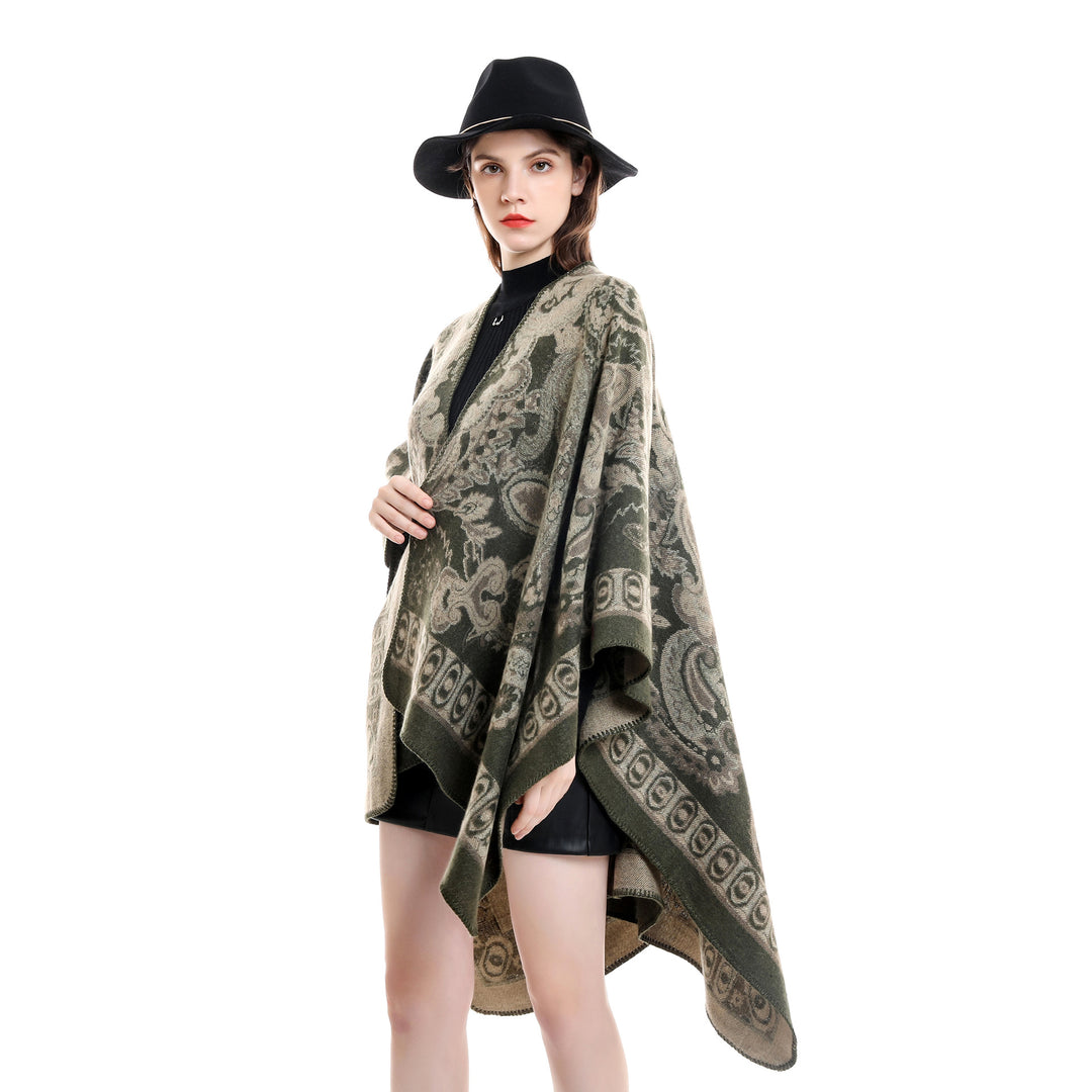 Damen Jacquard-gewebte Oversize-Ruana mit Ornamentik und offenem Kimono-Fall Echo Archiv