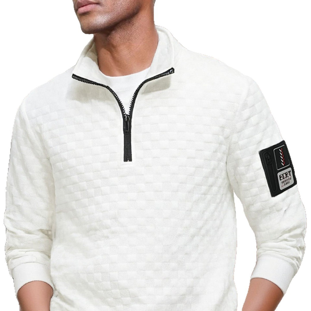 Herren strukturierter Stehkragen-Halbzip-Pullover mit Karosteppung, elastischen Bündchen und Ärmel-Patch – Norvane