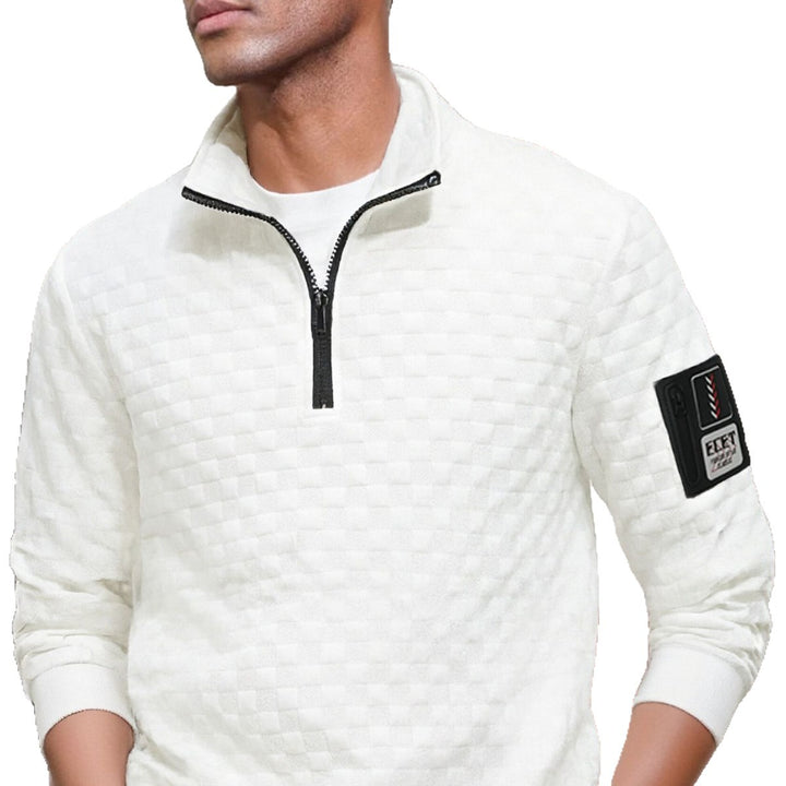 Herren strukturierter Stehkragen-Halbzip-Pullover mit Karosteppung, elastischen Bündchen und Ärmel-Patch – Norvane