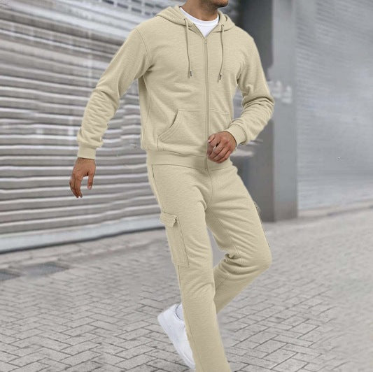 Herren athletischer Zip-Sweatset mit Cargo-Jogginghose, ergonomischen Nähten und gerippten Bündchen – Cavarno