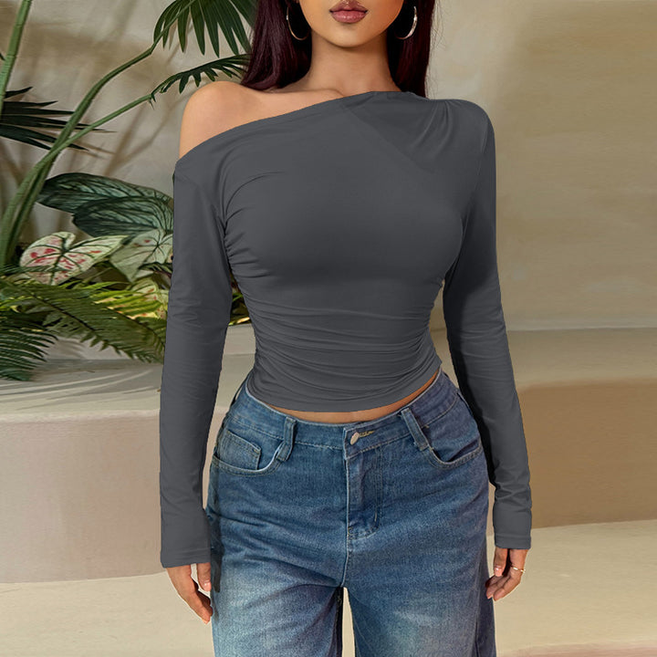 Damen Langarm-Crop-Top mit asymmetrischem Ausschnitt und Raffung Echo Archiv