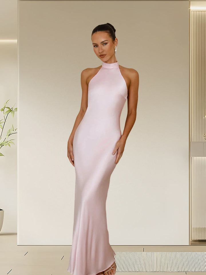 Damen Elegantes Maxikleid mit hochgeschlossenem Design und schimmerndem Satin-Finish Echoarchiv