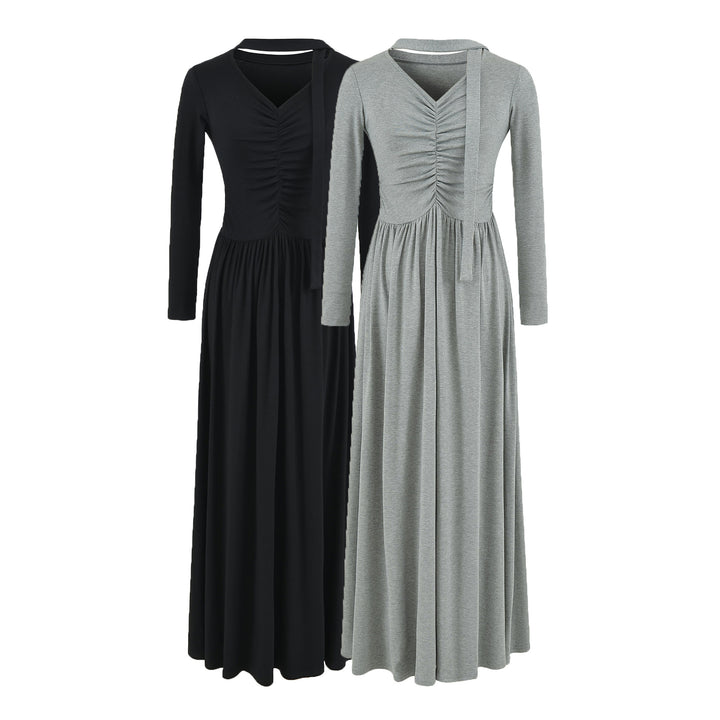 Damen Langes Jersey-Maxikleid mit Raffung, V-Ausschnitt und Bindeschal Echoarchiv