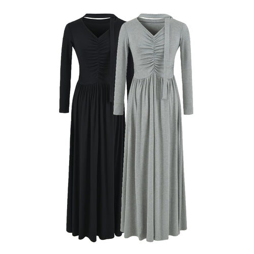 Damen Langes Jersey-Maxikleid mit Raffung, V-Ausschnitt und Bindeschal Echoarchiv