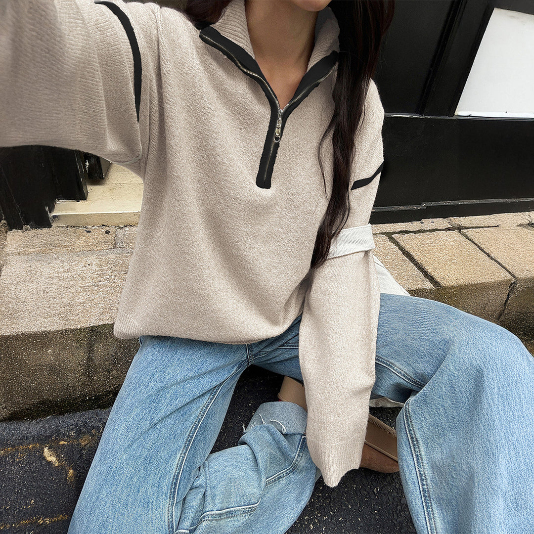 Damen oversized Strickpullover mit halbem Reißverschluss, Kontrastpaspeln und überschnittener Schulter – Mavelle