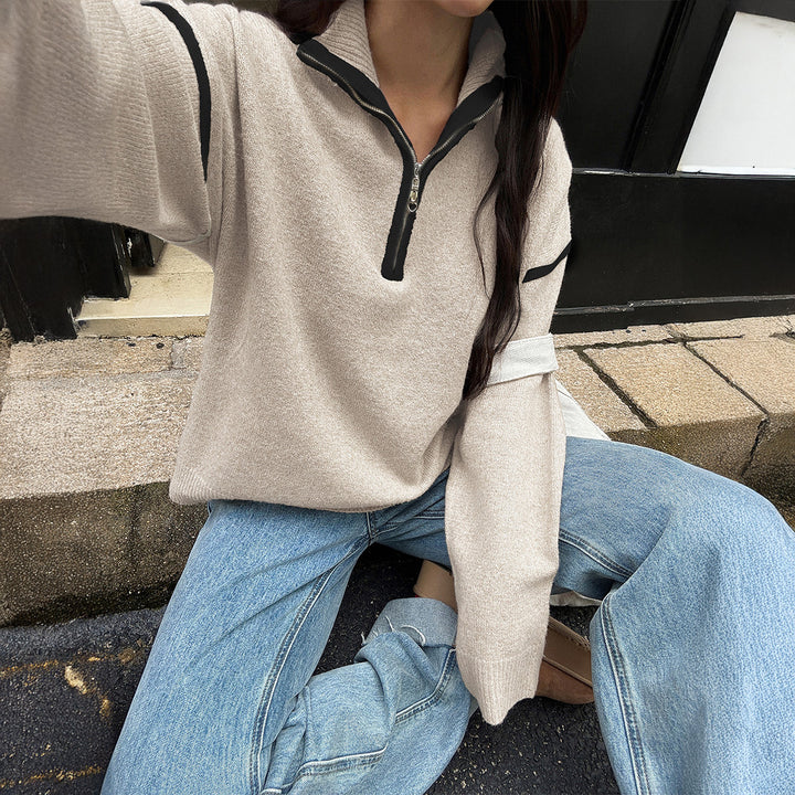 Damen oversized Strickpullover mit halbem Reißverschluss, Kontrastpaspeln und überschnittener Schulter – Mavelle
