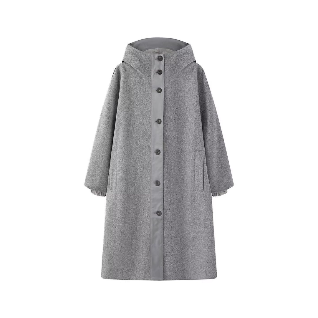 Damen Weicher Oversize Wollmix‑Mantel mit Kapuze und durchgehender Knopfleiste Echo Archiv