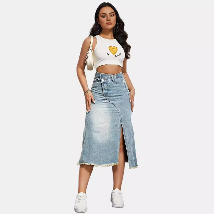 Damen nan asymmetrischer Highwaist-Denim-Midirock mit vorderlichem Schlitz und ausgefranstem Saum Echo Archiv