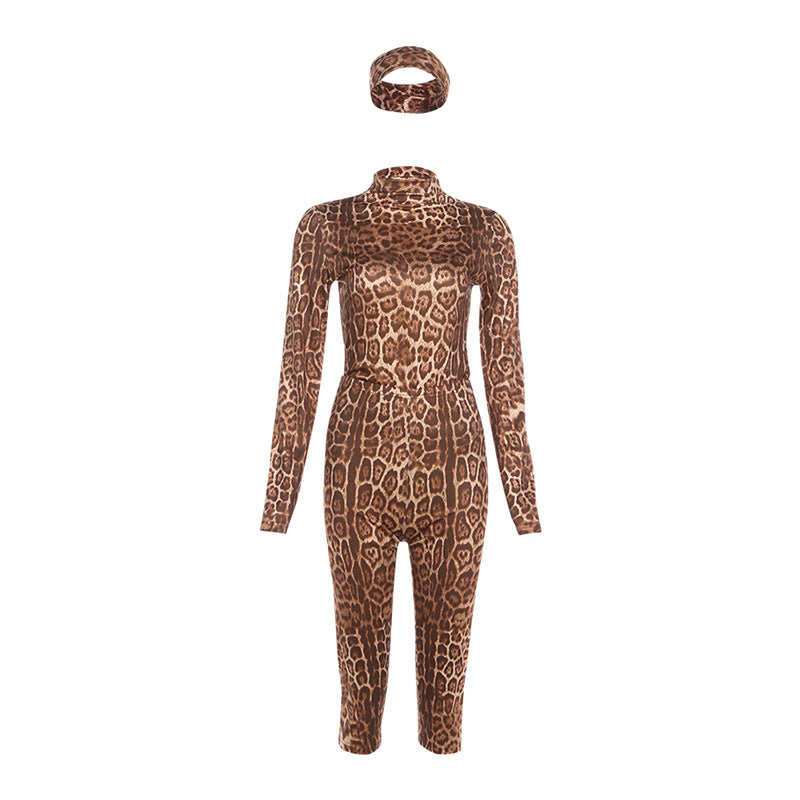 Damen Figürlicher Tiermuster-Jumpsuit mit großzügigem Stehkragen und langem Arm Echo Archiv