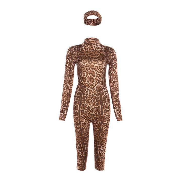 Damen Figürlicher Tiermuster-Jumpsuit mit großzügigem Stehkragen und langem Arm Echo Archiv