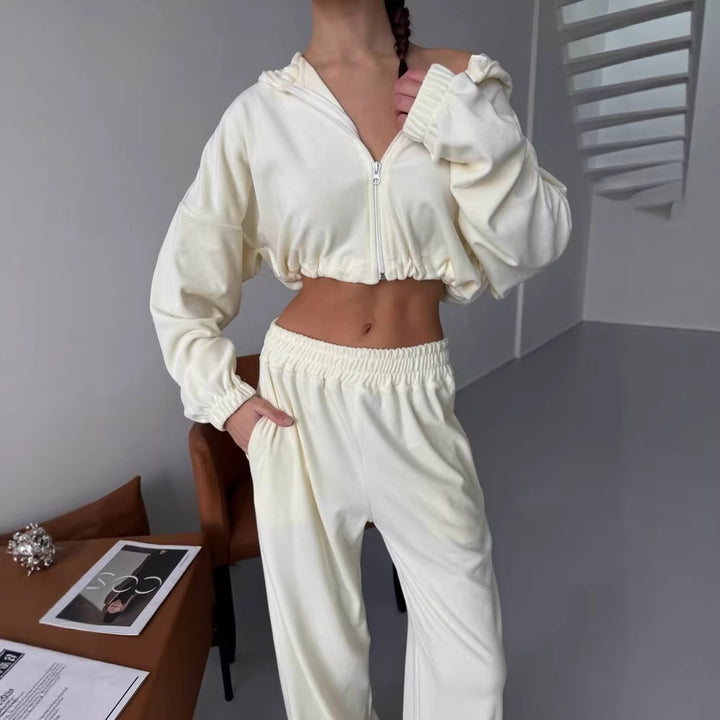 Damen cropped Zip-Hoodie mit elastischem Saum und locker fallende Palazzo-Jogginghose – Auréline