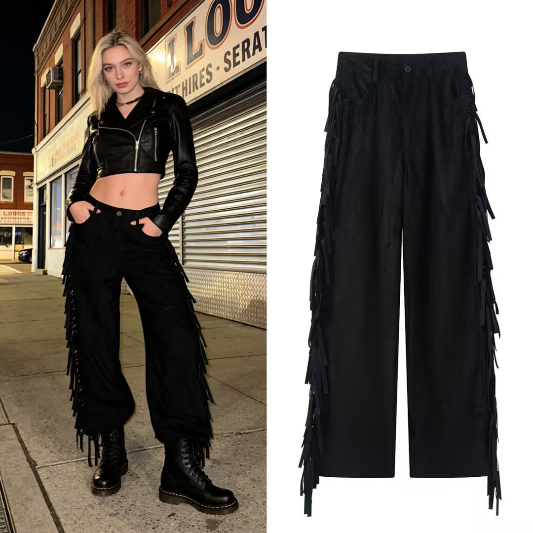 Damen Weite High‑Waist Schlaghose mit seitlichen Fransen und Wildleder‑Optik Echo Archiv
