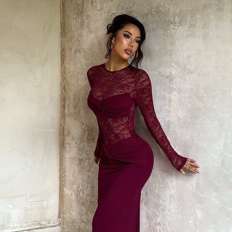 Damen Elegantes Langarm-Spitzenkleid mit tailliertem Design Echo Archiv