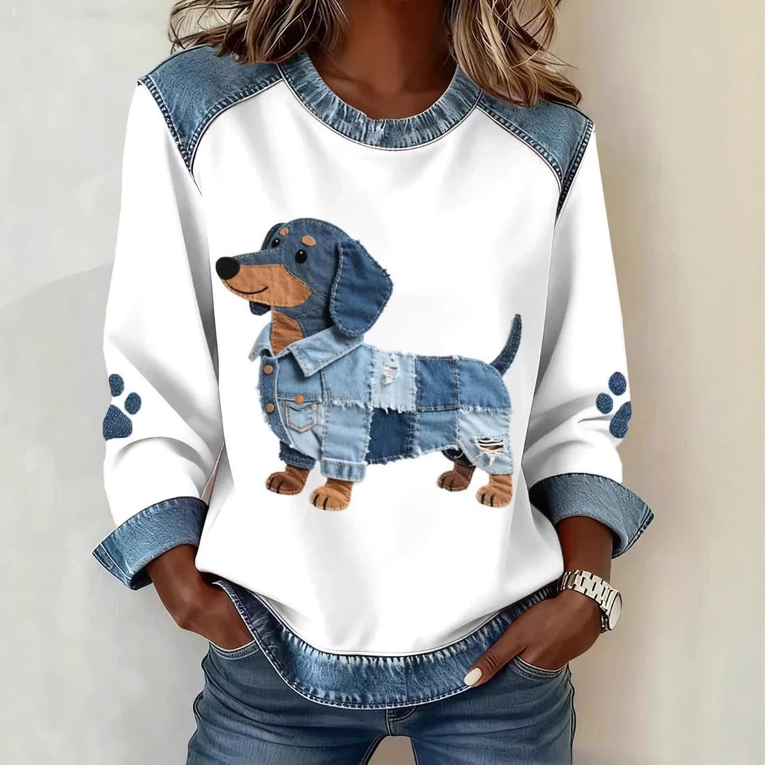 Damen Modischer Sweatshirt mit Karomuster und Denim-Details – Mavelle