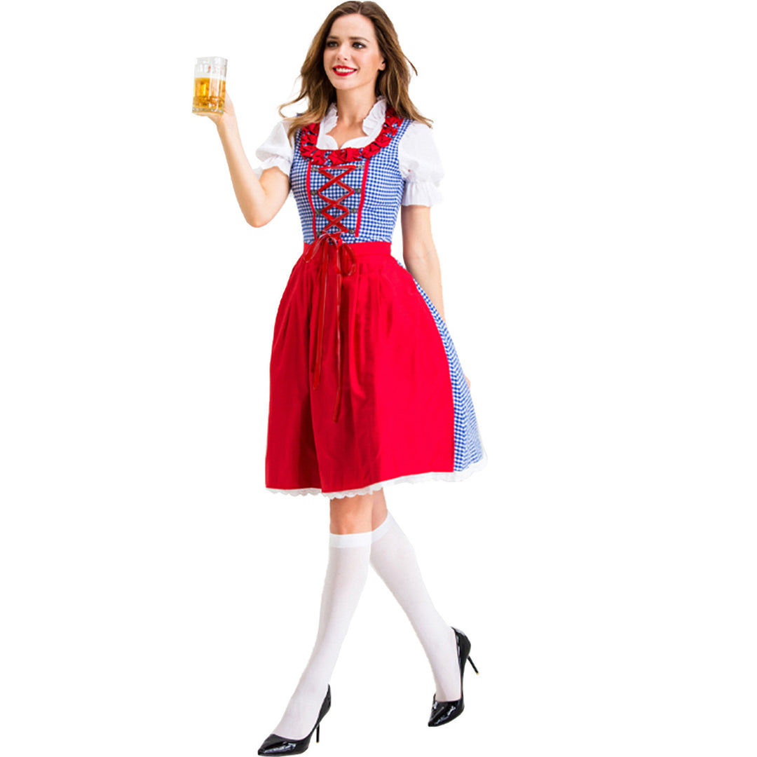 Damen nan Karo-Dirndl mit geschnürter Miederfront, Rüschenkragen und taillierter Schürze Echo Archiv