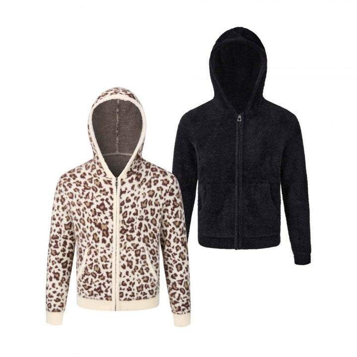 Damen Kapuzen-Fleecejacke aus Teddystoff mit Leopardenmuster und Reißverschluss Echo Archiv
