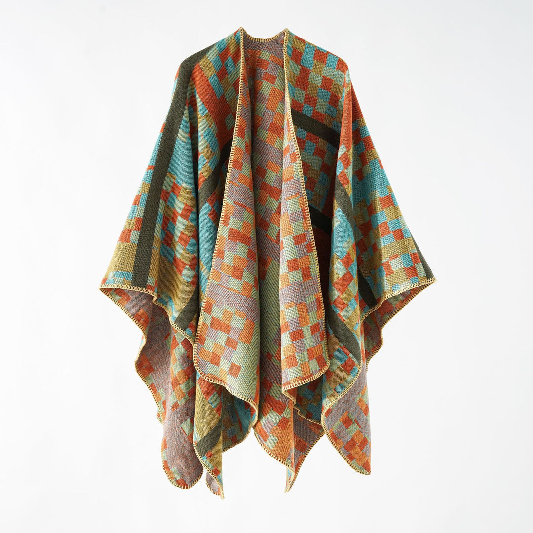 Damen Kastiger Webponcho mit grafischem Jacquard und Kettelkante Echo Archiv