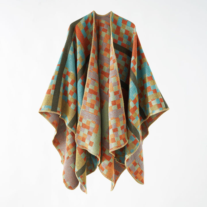 Damen Kastiger Webponcho mit grafischem Jacquard und Kettelkante Echo Archiv