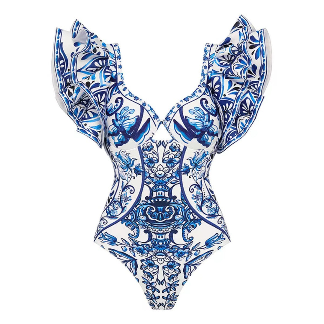 Damen Badeanzug-Set mit voluminösen Rüschendetails und elegantem Wickelrock Echo Archiv