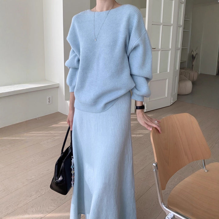 Damen Strick-Set aus Oversize-Ripp-Pullover und fließendem Maxirock Echoarchiv
