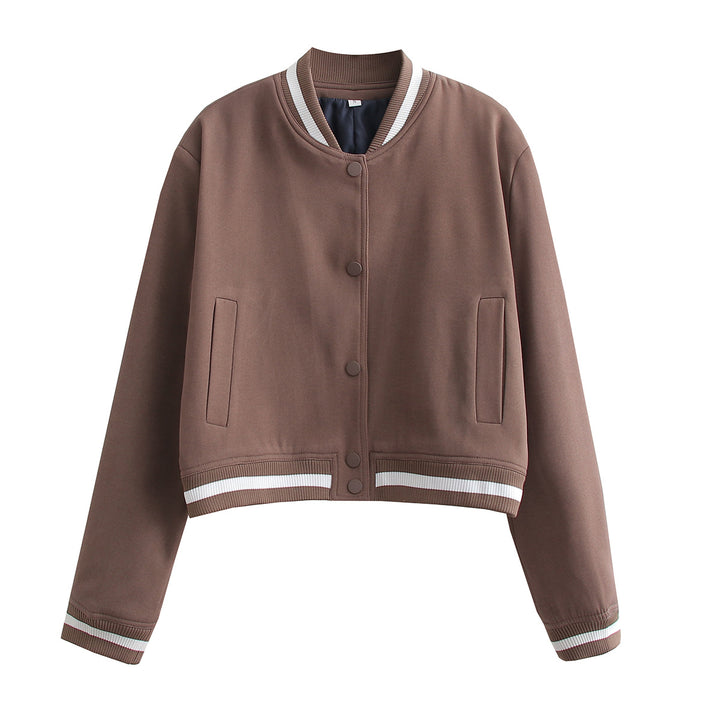 Damen Kurz geschnittene Collegejacke mit Rippbündchen und Druckknöpfen – Célinea